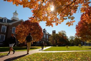 Students walk across a brick, tree-lined pathway on the Johns Hopkins Homewood campus